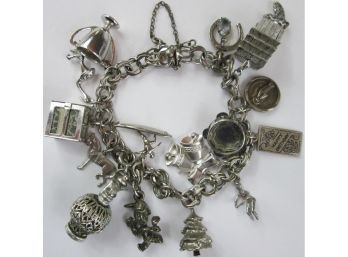 Vintage CHAIN BRACELET, Themed 15 Charms, Sterling 925 Silver, Functional Clasp