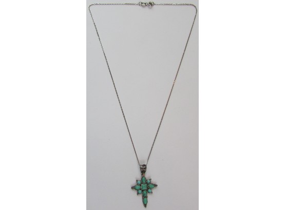 Vintage Chain NECKLACE, CRUCIFIX CROSS, Faux Turquoise Stones, Sterling .925 Silver Construction, ITALY, Clasp