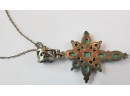 Vintage Chain NECKLACE, CRUCIFIX CROSS, Faux Turquoise Stones, Sterling .925 Silver Construction, ITALY, Clasp
