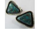 Vintage Clip EARRINGS, Polished TURQUOISE Inserts, Sterling .925 Silver Settings, Probably MEXICO