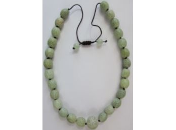Vintage Cord NECKLACE, Carved GREEN JADE Beads, ADJUSTABLE Expandable, Approx 24'