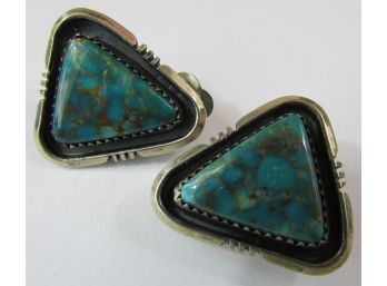 Vintage Clip EARRINGS, Polished TURQUOISE Inserts, Sterling .925 Silver Settings, Probably MEXICO