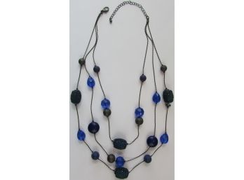 Contemporary Triple Strand NECKLACE, Multicolor BLUE Color Plastic Bead, Lightweight, Functional Clasp Closure