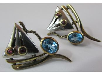 Vintage Pierced EARRINGS, SAILBOAT On SEA Design, TURQUOISE BLUE Color Faceted Stones, Sterling .925 Silver