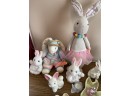 Lot Of Easter Decorations Ceramic Bunnies Stuffed Bunnies Cottage Candle Holder Ceramic Egg And More