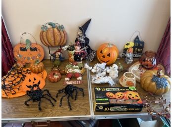 Halloween Lot: Ceramic & Glass Pumpkins & Scarecrow  Witch Spiders Ghosts Ccandle Holders