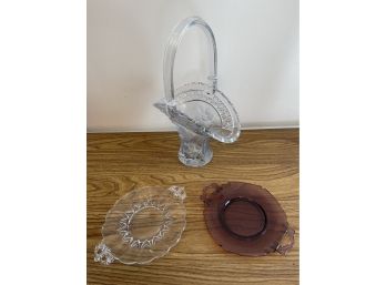 Cut Glass Crystal Basket And 2 Glass Plates