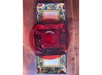 Lot Of 4 Decorative Platters: 3 10inch Square Tuscan Handpainted Plates, 1 14inch Round Glass Platter Charger