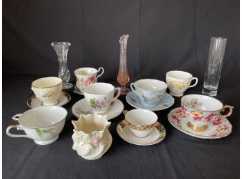 SPRING TEA PARTY: Lot Of Tea Cups And Bud Vases- One Broken Handle, One Chip