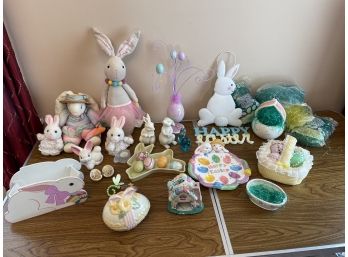 Lot Of Easter Decorations Ceramic Bunnies Stuffed Bunnies Cottage Candle Holder Ceramic Egg And More