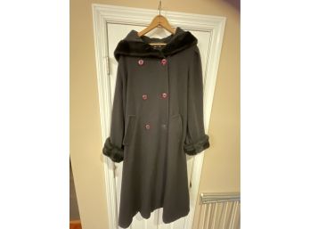 Vintage Donnybrook Womens Sz 6 Double Breasted Wool Coat With Faux Fur Edged Hood And Sleeves Slash Pockets