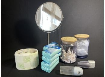 Bathroom Lot: Ceramic Toothbrush Holder, 2 Glass Apothecary Jars 5 Tall, 2 LED Nightlight, Makeup Mirror Soap