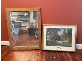 Wood Wall Mirror And Framed Monet Painting