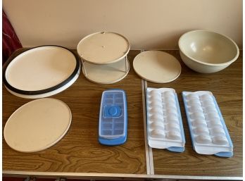 Vintage Kitchen Lazy Susans, Ice Cube Trays, And Plastic Bowl