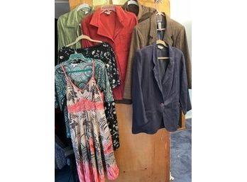 Lot Of Womens Large/12 Clothing: Boho Sun Dress, Dress Barn Microsuede Blouse, Chaps Dress, Sag Harbor Tweed