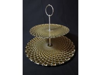 Two-tiered Vintage Golden Glass Candy Dessert Tray 12 Widest, Metallized Reverse Side
