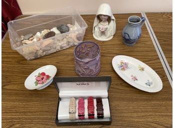 Lot Of Decorative Items: Stones, Candy Dish, Pitcher, Musical Mary Figure, XOXO Watchbands