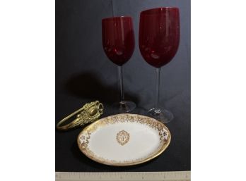 Antique PLAZA HOTEL Pin Dish W Gold Paint, Pair Vintage Ruby Red Hand Blown Wine Glasses, Brass Wall Hook