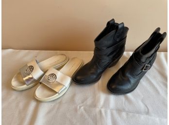 2 Pairs Women's Slip On Shoes And Black Leather Ankle Boots Size 8 1/2