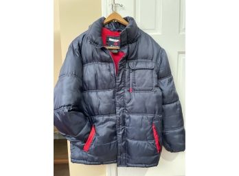 Womens Down Puffer Coat XL 18/20, Navy Blue Outer Contrasting Red Fleece Lined, Like US Polo Assn