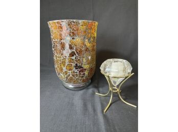 Pair Of Candles: 9 Inch Tall Amber Glass Cloche, Faceted Glass Diamond Votive Holder