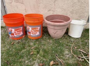 3 Buckets And A Large Plastic Flowerpot
