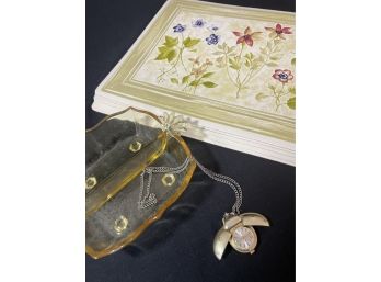 Vintage Fostoria Elegant Glass BAROQUE TOPAZ Divided 2 Handled Relish Dish, Gold Ladybug Watch & 5 Placemats