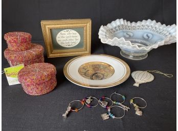 Mixed Lot: Bead Boxes Glass Candy Dish, Vintage Gold Edged 'Chokin' Japanese Dish Wine Charms 5inch Framed Art