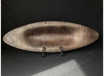 Pair Of Striking Centerpiece Platters: 27inch Metal Banana Leaf Bowl, 16inch Green & Amber Glass Bowl