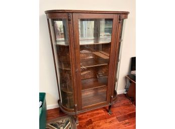 Vintage Red Oak China Closet Cabinet Curved Glass 59' H X 39.5' W X 13' D