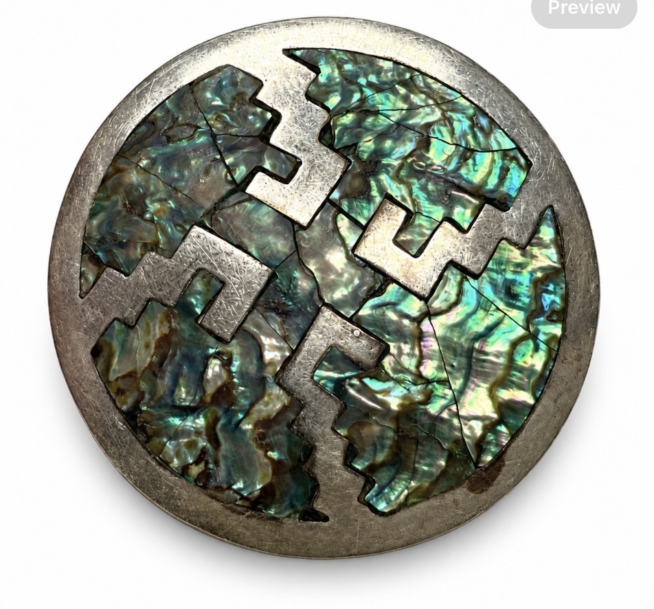 JA55 Vintage Mexican Sterling Silver Abalone Inlay Brooch Pendant Round Geometric 6.06gr