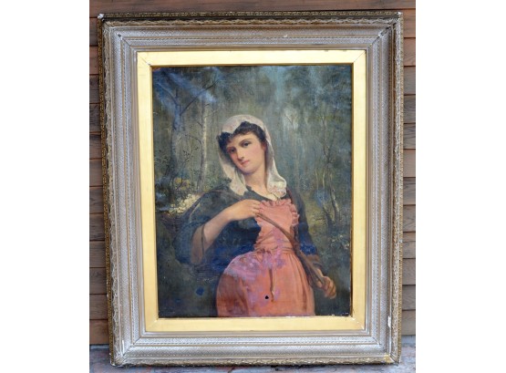 Antique 1886 Signed Oil Painting Woman Gathering Flowers In The Woods - For Restoration