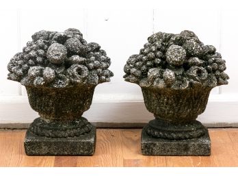 Pair Of Cast Cement Fruit Basket Ornaments In The Italian Manner