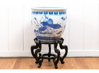 Chinese Blue And White Fish Bowl On Stand