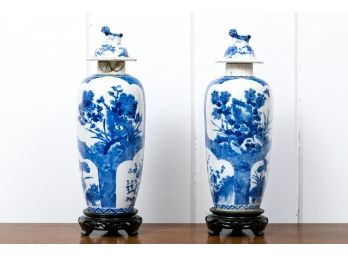 Pair Of Chinese Late Qing Dynasty Blue And White Porcelain Lidded Jars On Stands