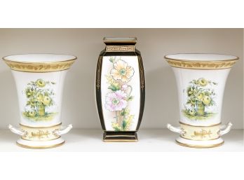 Pair Of Mottahedeh Painted Vases And A Nippon Porcelain Vase