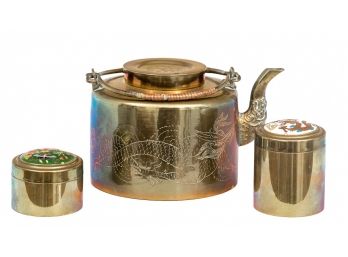 Three Chinese Brass Items With Teapot