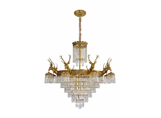 Brass And Crystal Stag Chandelier With