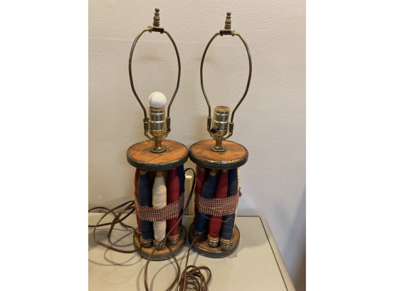 Pair Of Vintage Wooden Spool Lamps