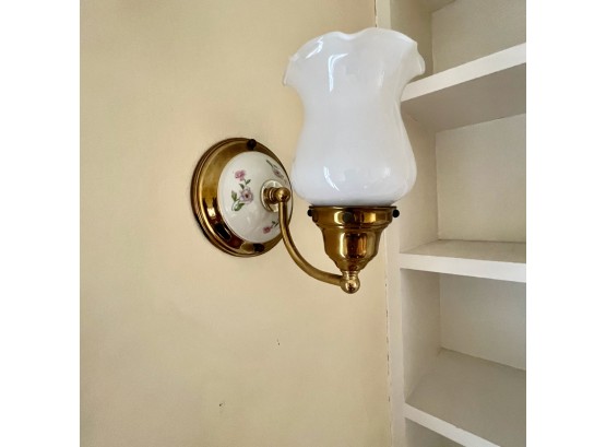 A Pair Of Floral Painted Brass And Porcelain Sconces