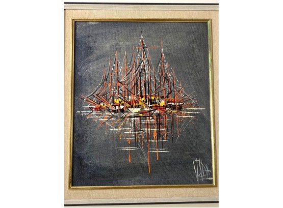 An Original MCM Oil On Canvas Abstract Sailboat Signed