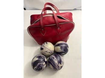 Purple And White Candlepin Bowling Balls With Red Leather Bag