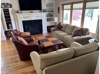 PAIR OF CONTEMPORARY SOFAS, COFFEE TABLE, BARREL CHAIRS