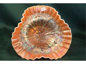 Antique Cased Marigold Glass Northwood Ruffled Edge, Footed Floral Bowl, 8'D   (347)