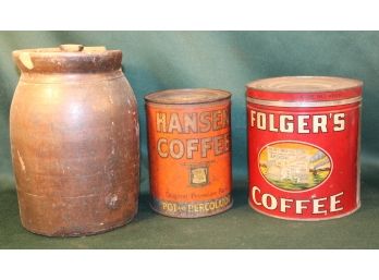 Antique 4 Lb. Folger's Coffee Tin, 2 Lb. Hansen's Coffee Tin, Ceramic Lidded Jar (as Is)  (365)