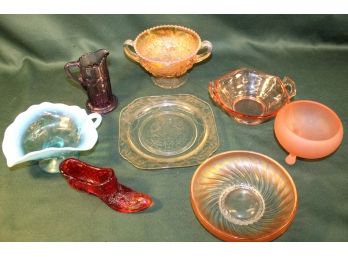 Assorted Antique Colored Glassware -  Amberina Shoe, Carnival, Opalescent, Purple, Pink   (367)