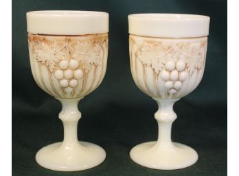 Pair Northwood Custard Glass 'Grapes & Arches' Goblets, Glows Under Black Light, 6'H  (345)