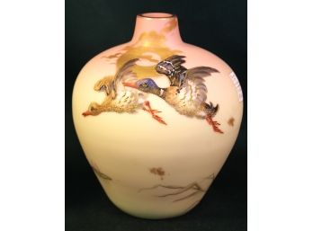 Extraordinary Mt. Washington Burmese Bulbous Vase W/ Hand Painted Guba Ducks,7.5'H   (353)