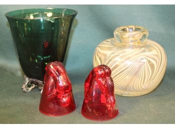 Clear Hand Blown Glass Vase, Tiffin(?) Green & Clear Footed Vase, Pair 'Bottoms Up' Shot Glasses   (351)