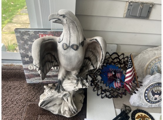 Lot Of USA Patriotic Navy Lawn & Garden Items - Ceramic Eagle, Metal Hangers, Life Book & More!
